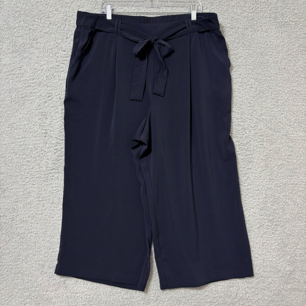 Wide Leg Pull On Pants Elastic Waist Tie Front Pockets Navy Casual Work 22/24W